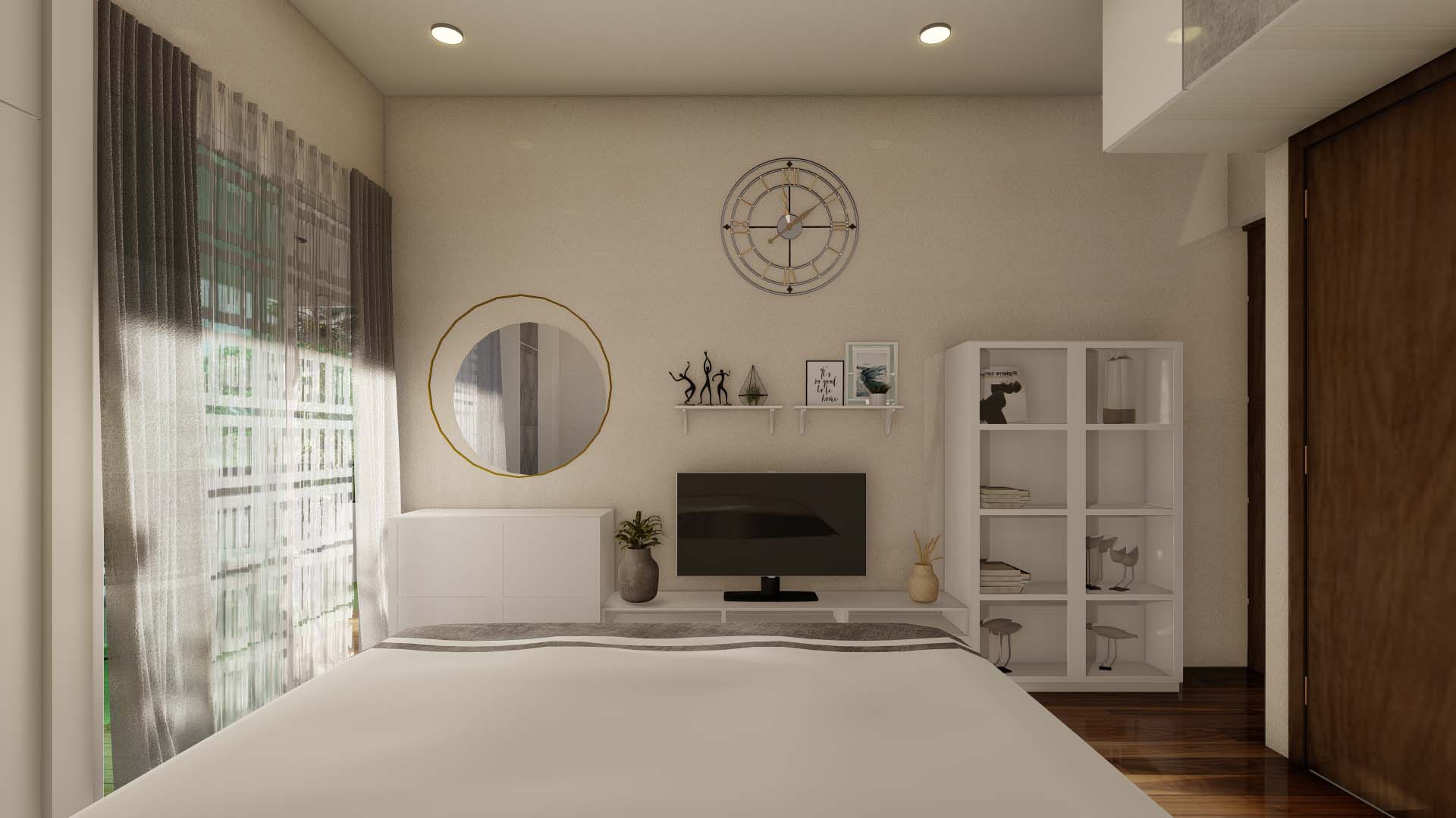 Bedroom with modern White TV Unit